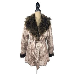 Marbled Vegan Suede Faux Fur Trim Brown Cream Ecru Beige Coat Womens size Large